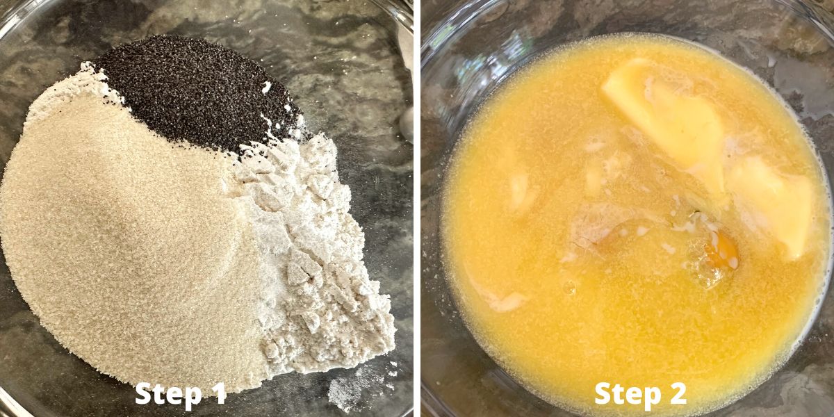 Photos of steps 1 and 2 making the orange bundt cake.