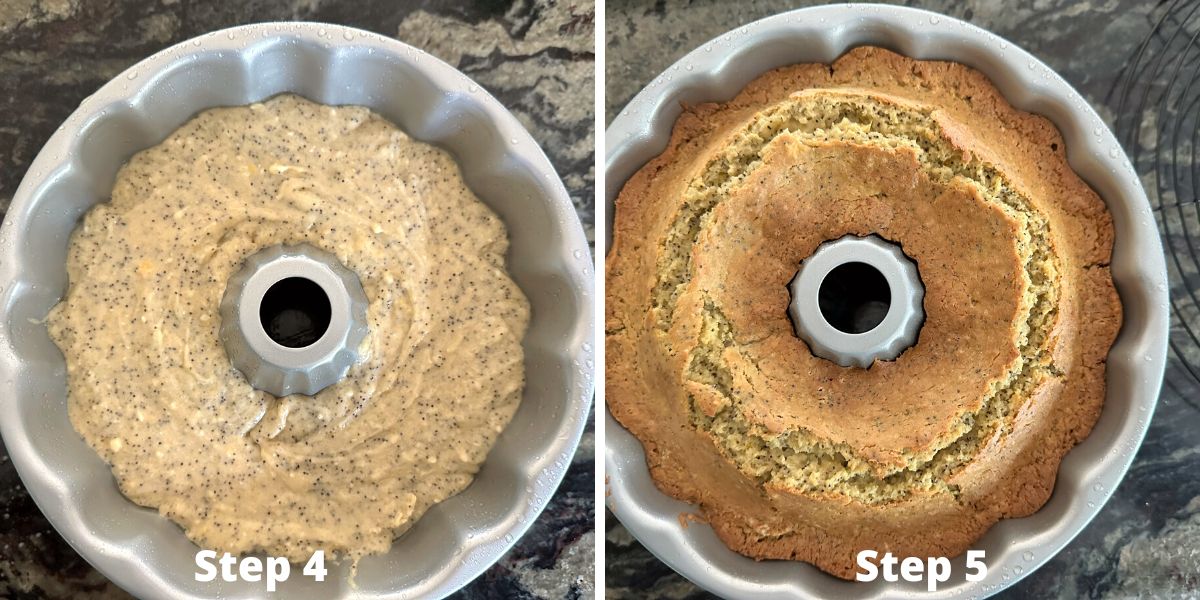 Photos of steps 4 and 5 making the bundt cake.