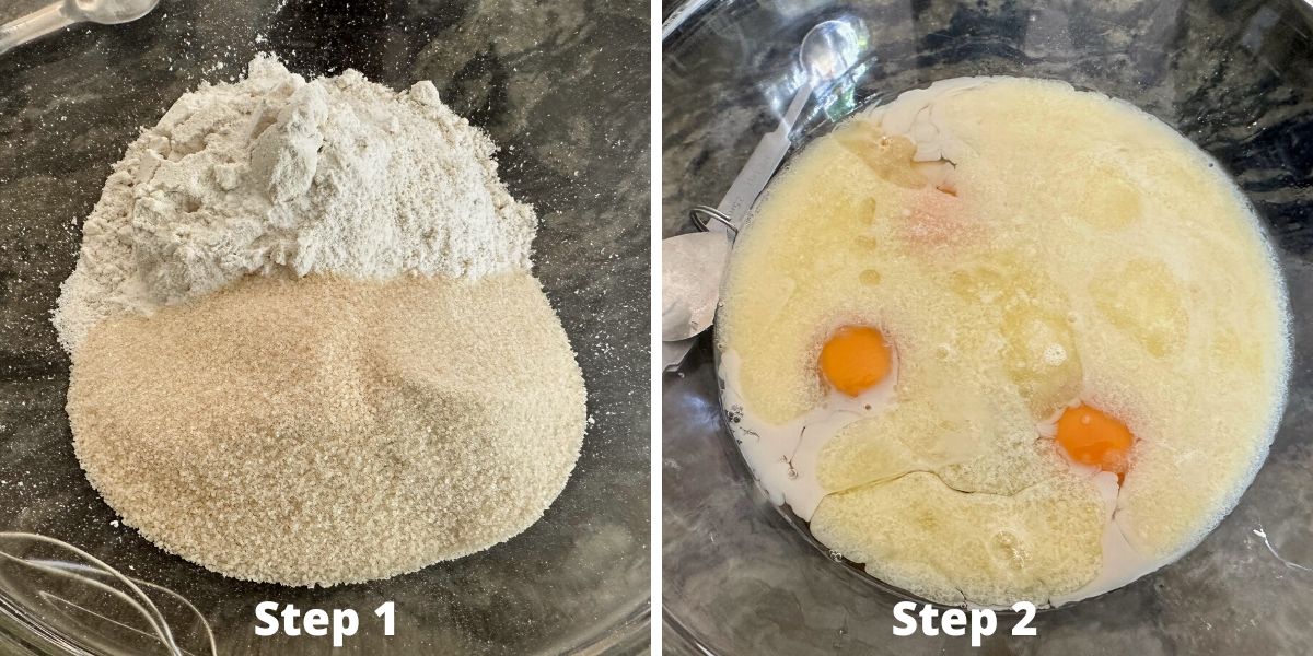 Photos of steps 1 and 2 making the pineapple upside down cake.