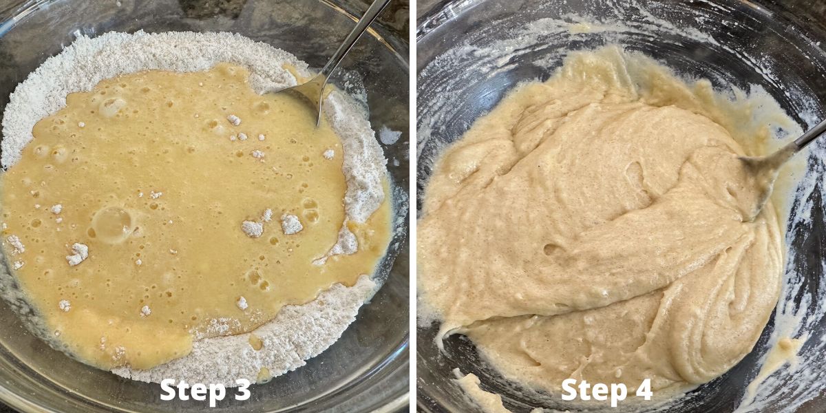 Photos of steps 3 and 4 making the upside down pineapple cake.