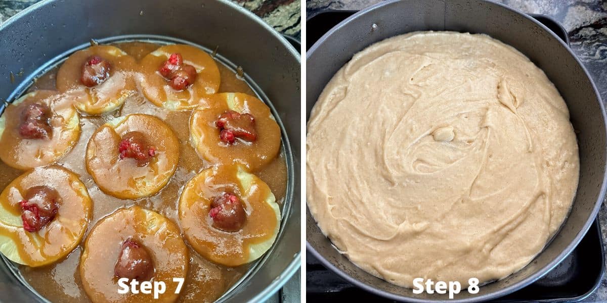 Photos of steps 7 and 8 making the pineapple upside down cake.