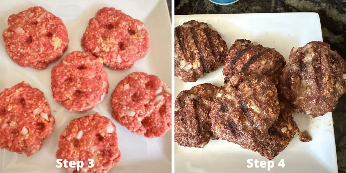Photos showing the raw patties and the cooked patties.