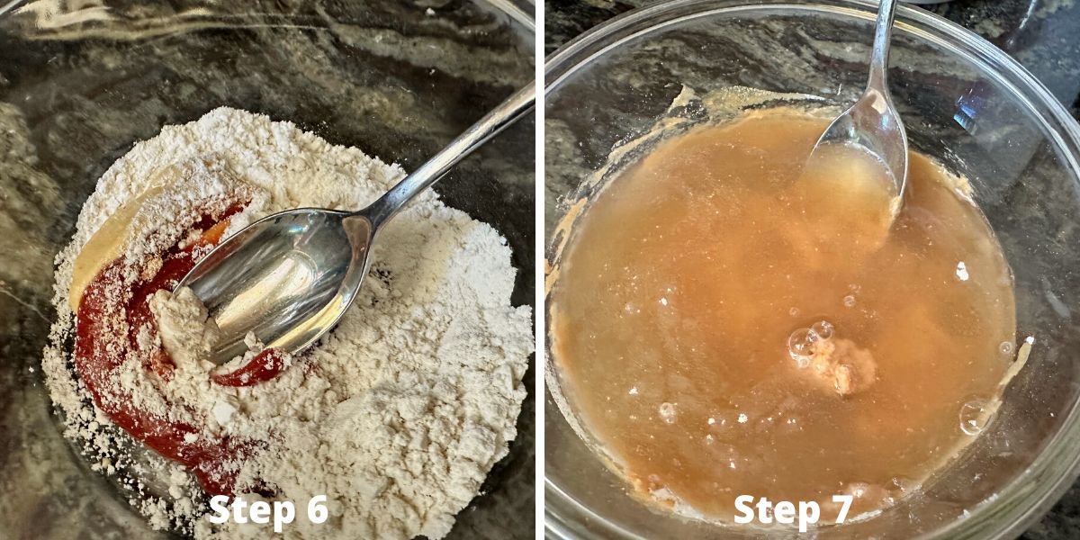 Photos showing how to incorporate the potato starch into the broth without clumps.