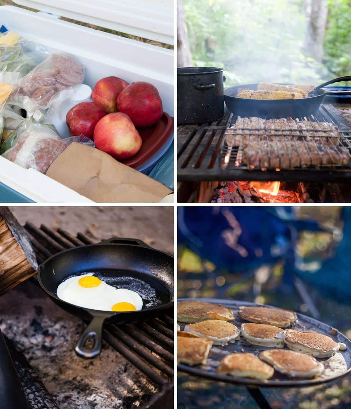 Four photos showing ways to cook on a campfire.