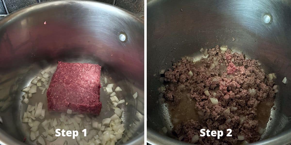 Photos of steps 1 and 2 making the cheeseburger pasta.