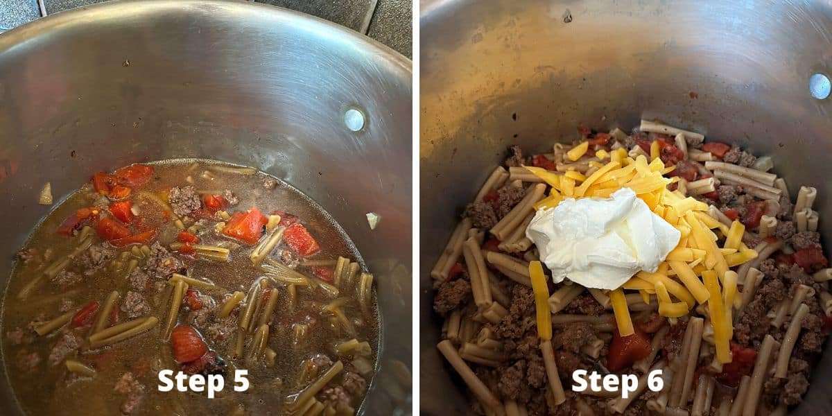 Photos of steps 5 and 6 making the one pot pasta.