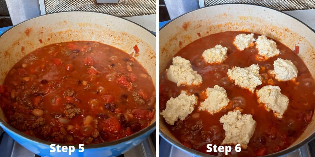 Photos of the chili and corn dumplings cooking in the chili.