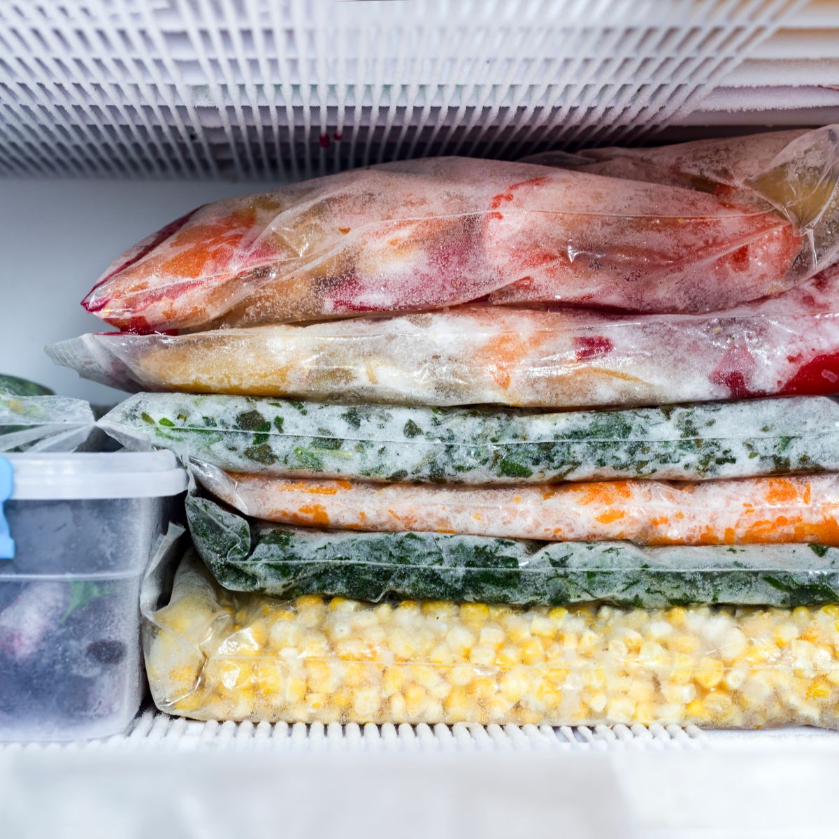 Freezer bags of food in a freezer.