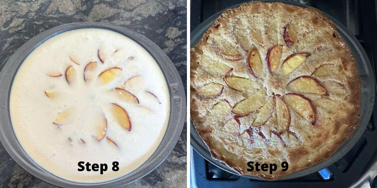Photos of steps 8 and 9 making the peach kuchen.