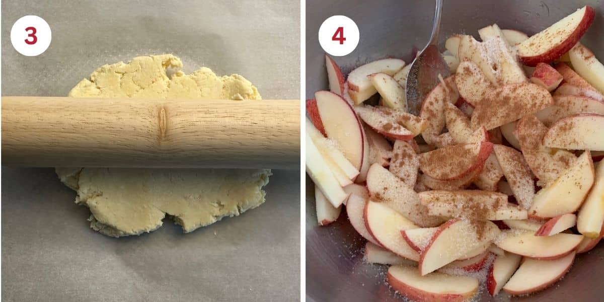 Photos of rolling out the dough and slicing the apples thinly.