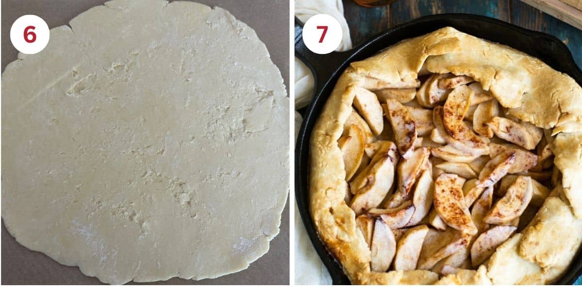 Photos of the rolled out galette crust and the baked galette in a cast iron pan.