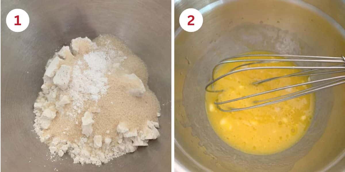 Photos showing mixing the dry and wet ingredients in separate bowls.