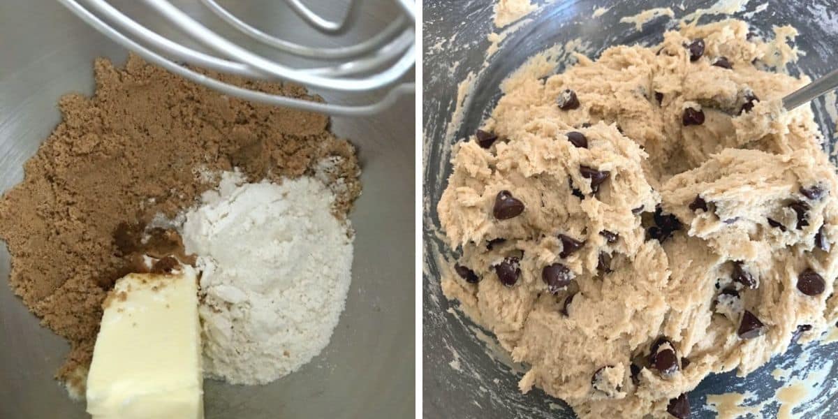 Photos of the ingredients in a mixer before and after mixing.
