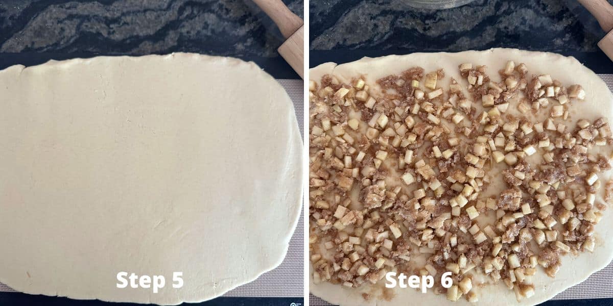 Photos of the rolled out dough and with the apple mixture.