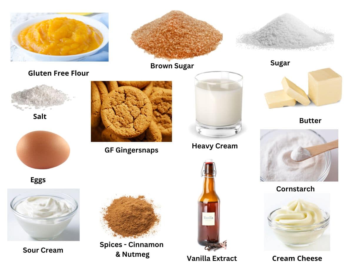 Photos of all of the pumpkin cheesecake ingredients.