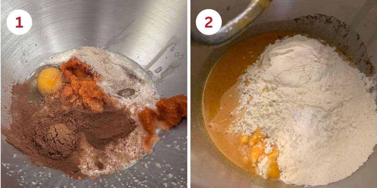 Photos of the wet ingredients in the stand mixer and of the flour getting mixed in.
