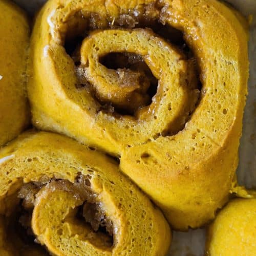 A closeup of the gluten-free pumpkin cinnamon rolls.