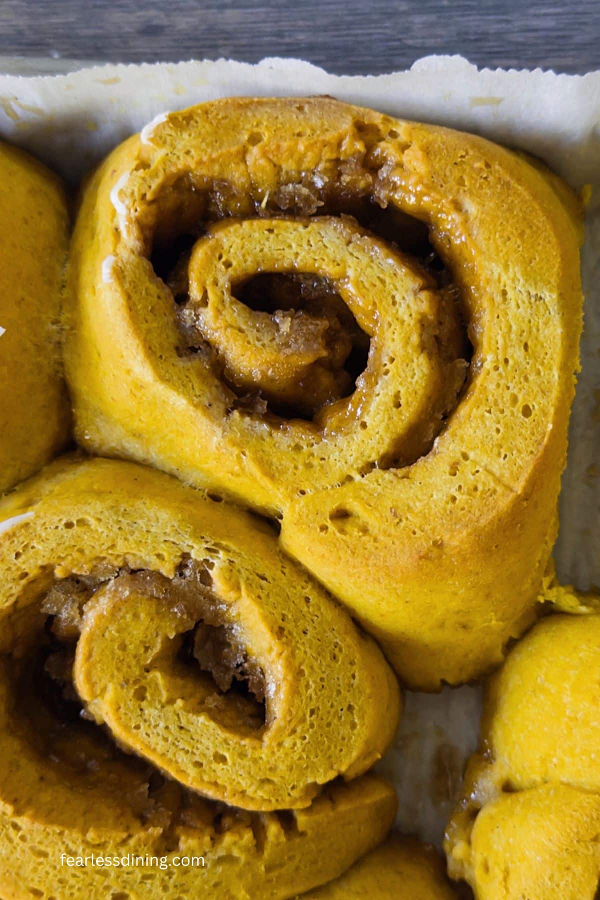 A closeup of the gluten-free pumpkin cinnamon rolls.
