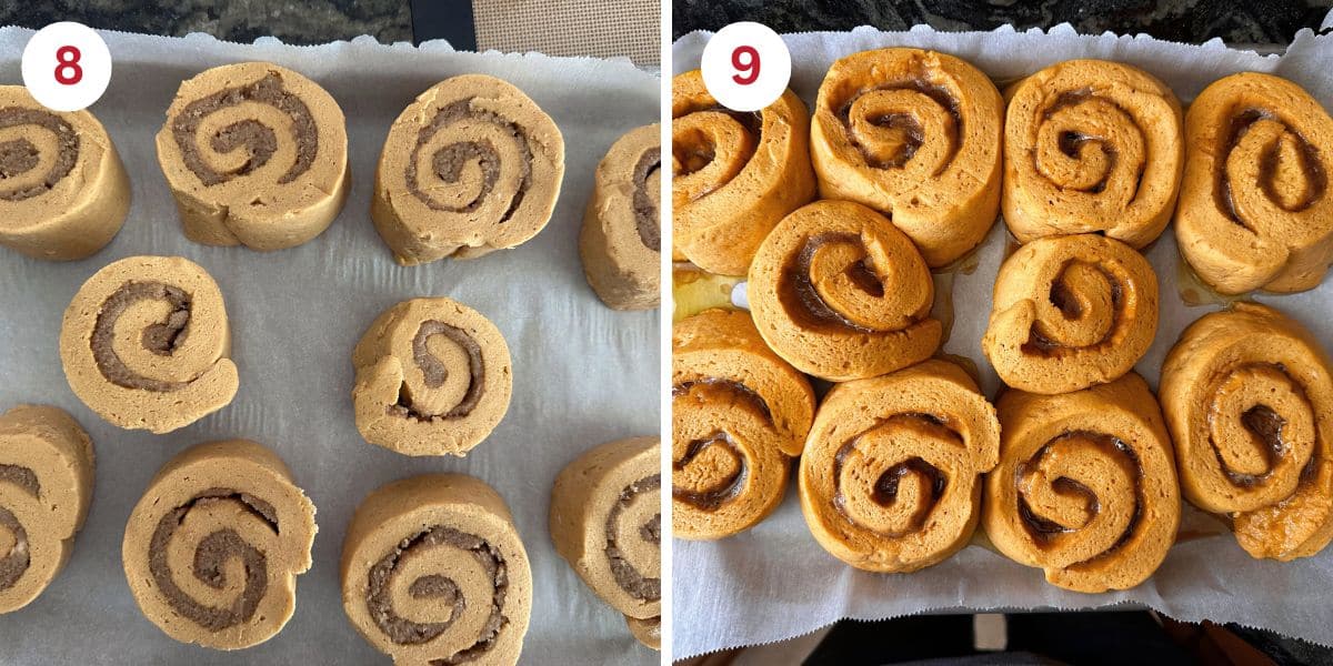 The pumpkin cinnamon rolls before and after rising.