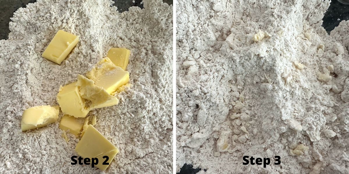 Photos of steps 2 and 3. cutting the butter into the dry ingredients.
