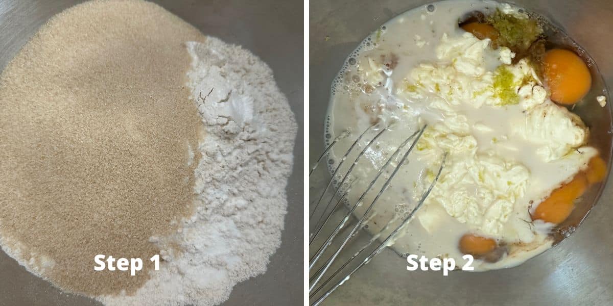 Photos of steps 1 and 2 in making the bundt cake.