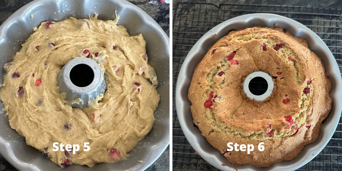 Photos of the cake batter and the baked cake in the bundt pan.