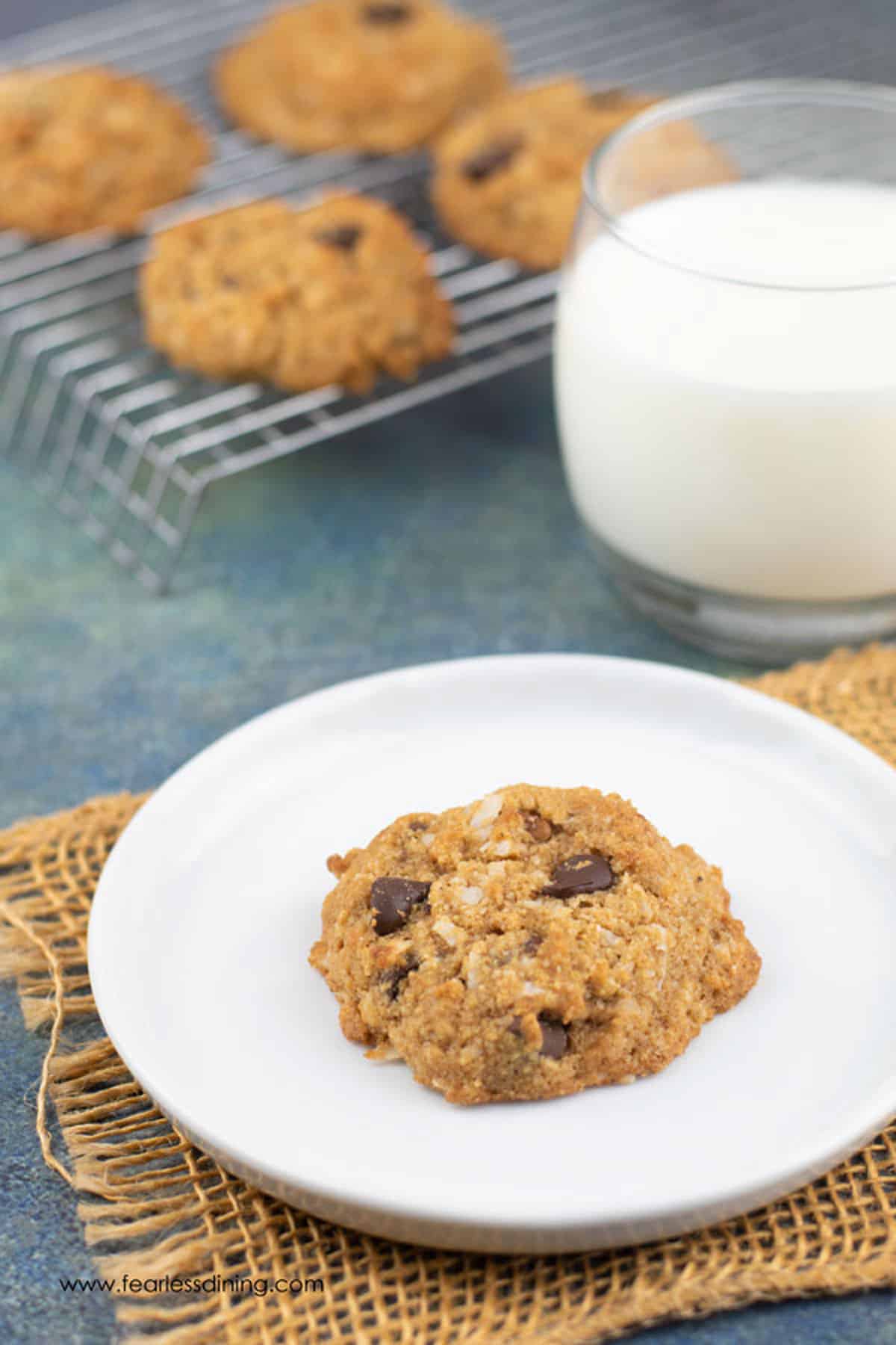 A grain-free paleo chocolate chip cookie on a plate next to a glass of milk.