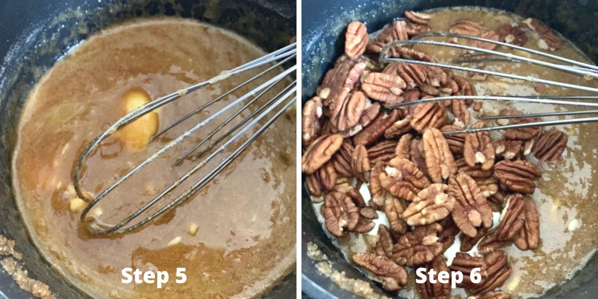Photos of steps 5 and 6 making the pecan pie filling.