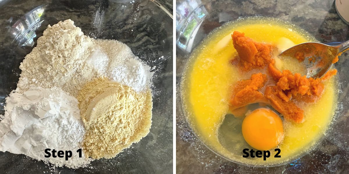 Photos of steps 1 and 2 making the pumpkin cornbread.