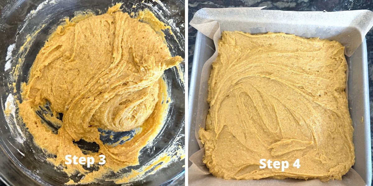 Photos of the pumpkin cornbread batter in the bowl and baking pan.