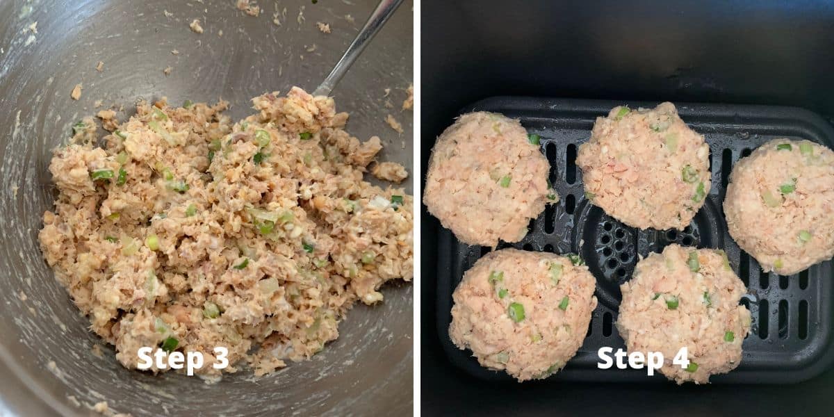 Photos of steps 3 and 4 making the salmon cakes.