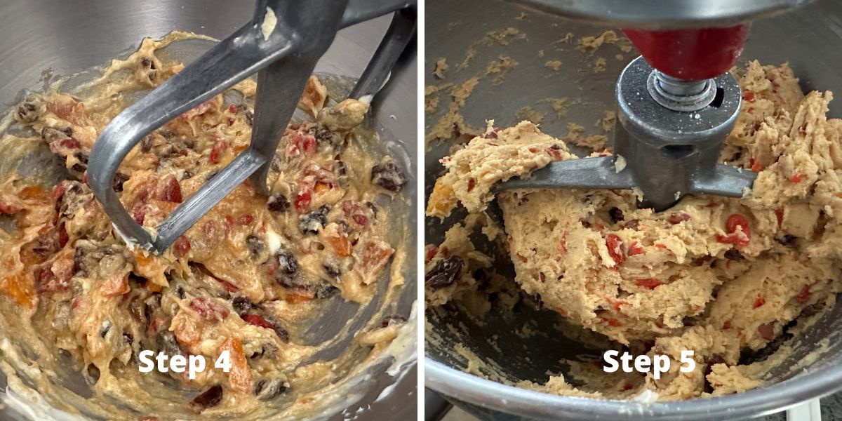 Pictures of the cake batter and dough in the stand mixer.
