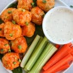 An appetizer platter with the buffalo chicken meatballs.