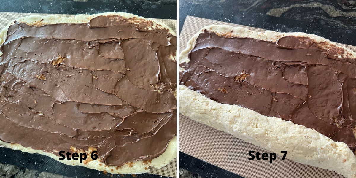 Photos of steps 6 and 7 making the Nutella rolls.