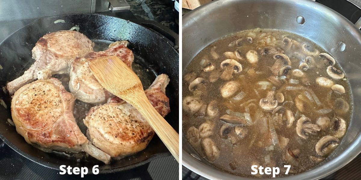 Photos of steps 6 and 7 cooking the pork chops.