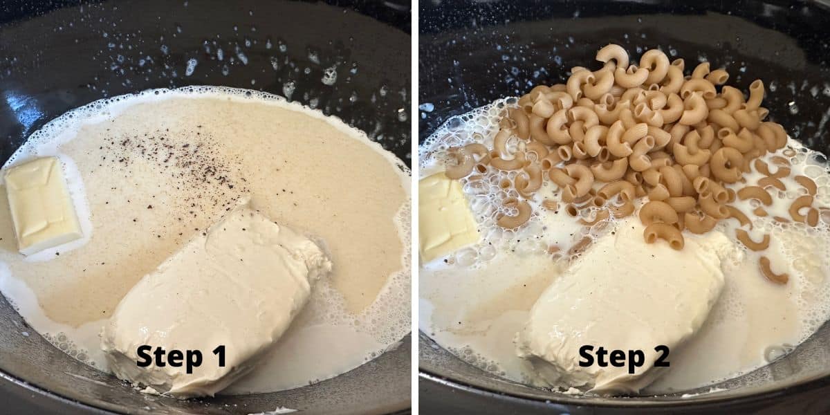 Photos of steps 1 and 2 making the mac and cheese in my Crock Pot.