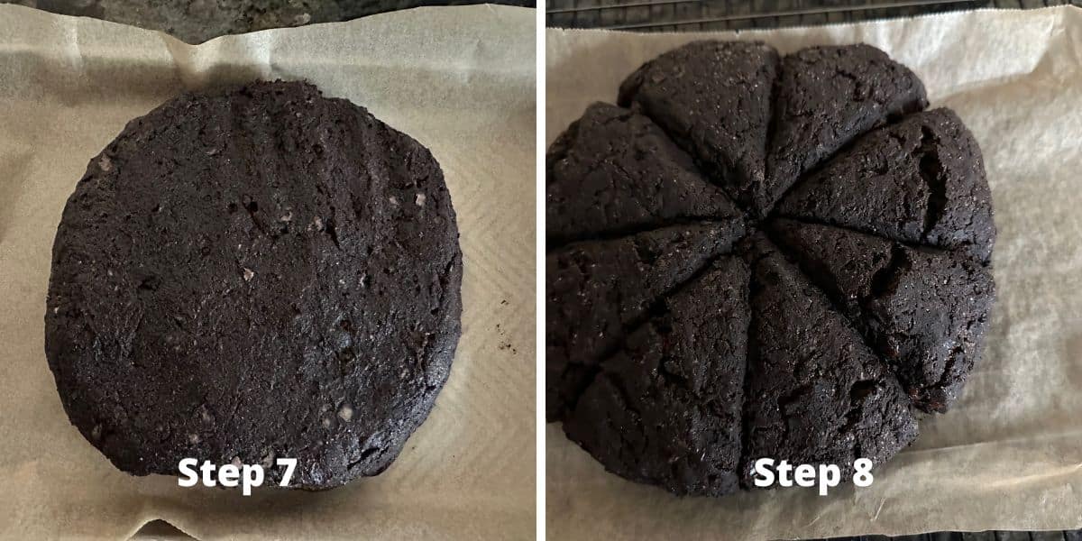 Photos of steps 7 and 8 making the chocolate scones.