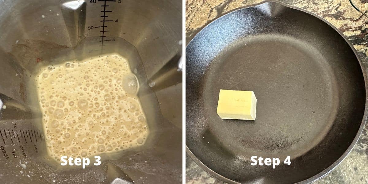Photos of steps 3 and 4 making the batter and heating the pan.