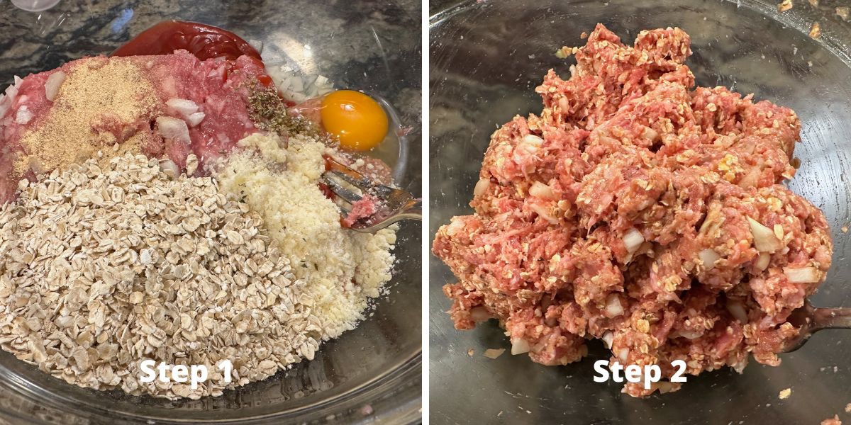 Photos of steps 1 and 2 making this meatloaf with quick oats.