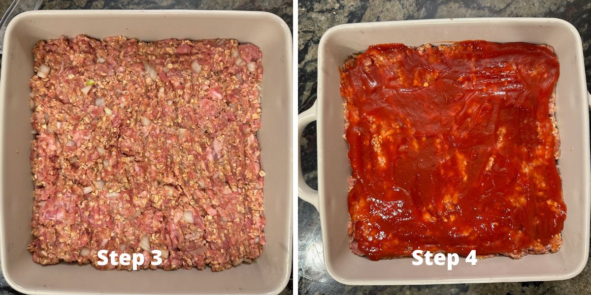 Photos of steps 3 and 4 making the meatloaf recipe.