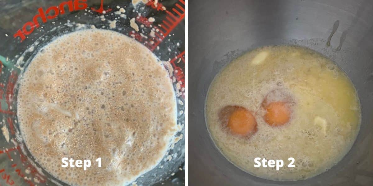 Photos of steps 1 and 2 making this whole grain bread.
