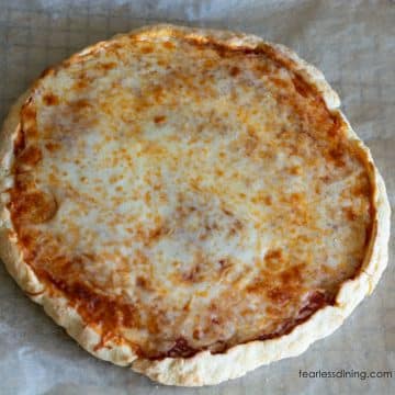 A photo of the whole gluten-free, yeast-free pizza made with Cup4Cup flour blend.