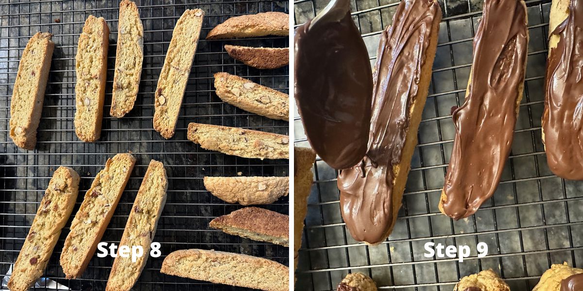 Photos of steps 8 and 9 in making the almond biscotti.