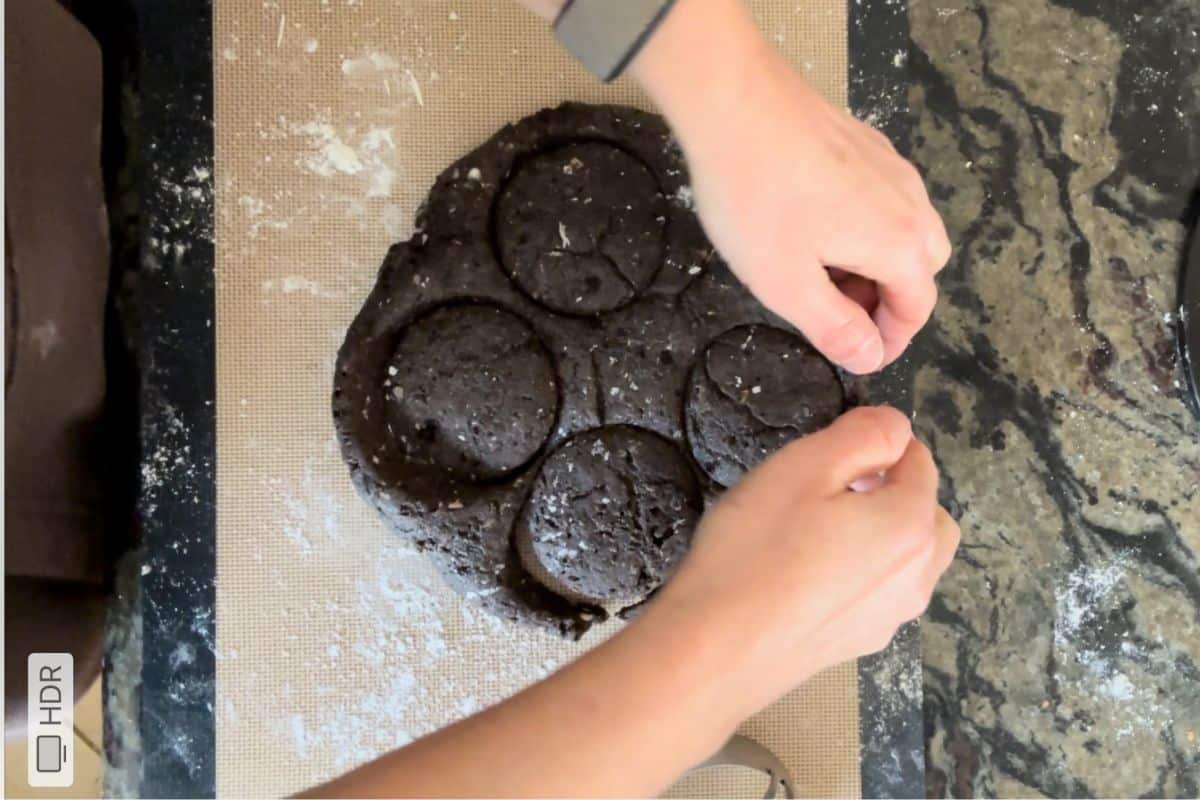 Using a biscuit cutter to cut out the biscuits.