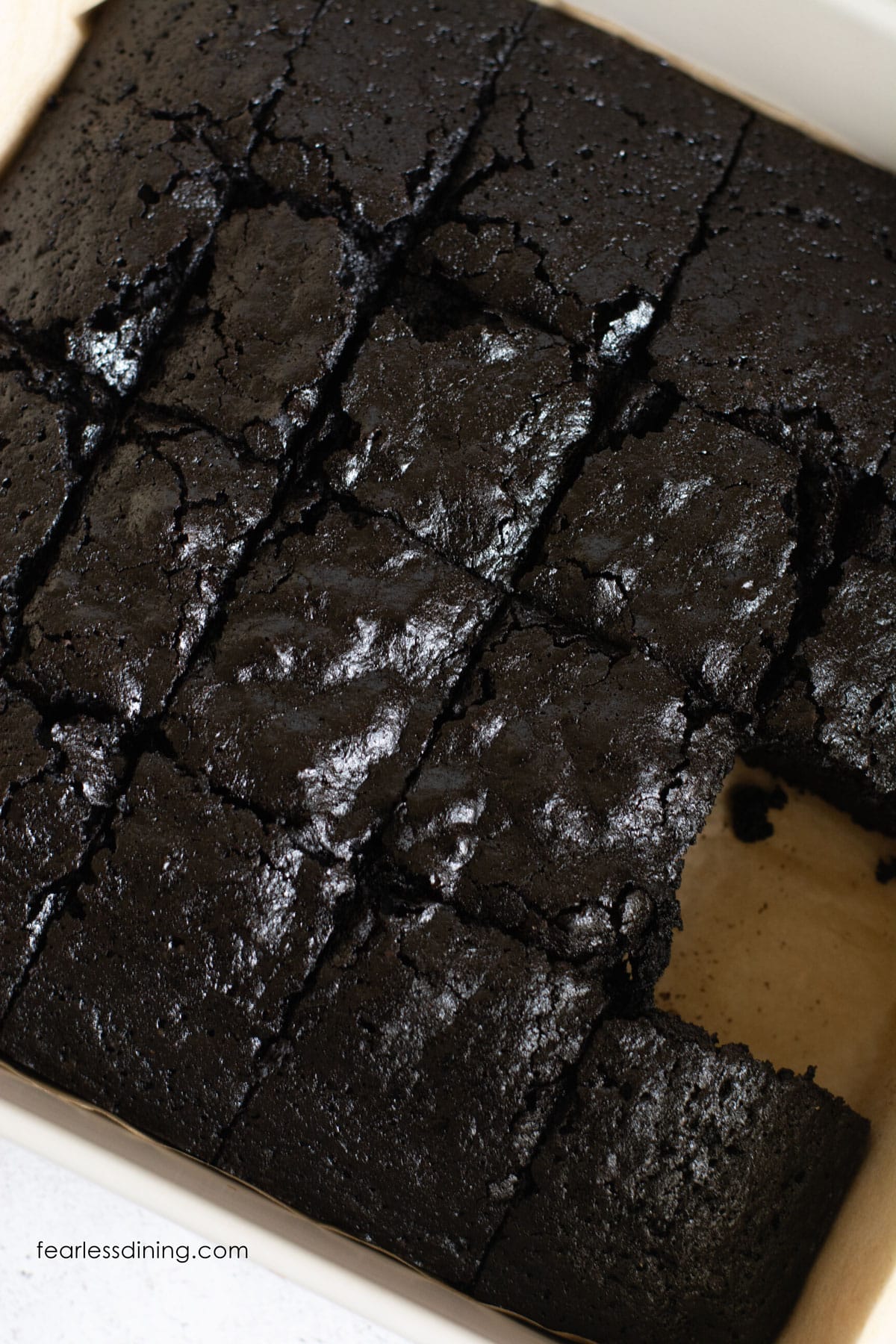 The baked gluten free espresso brownies after they are cooled and sliced.