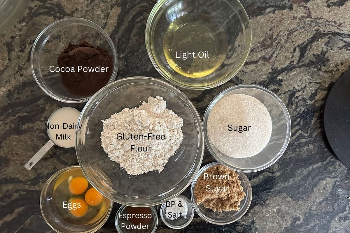 Photos of all of the ingredients to make these espresso brownies.