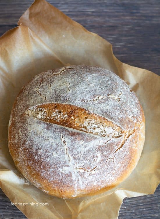 A baked sourdough boule fresh out of the oven. It is on a piece of parchment paper.