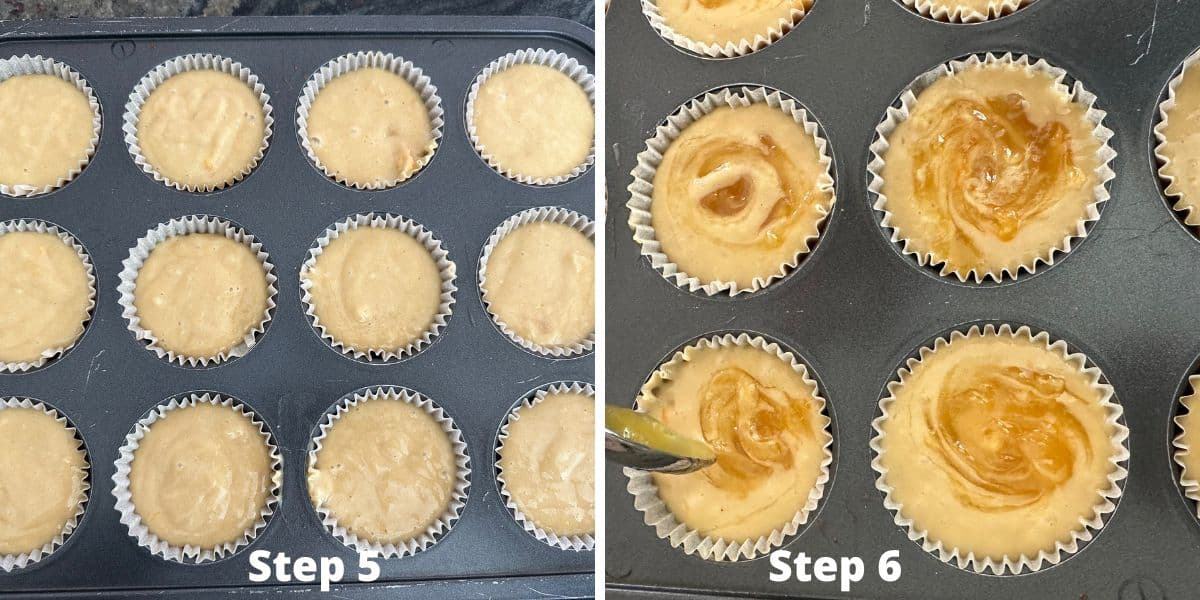 Photos of steps 5 and 6 making the muffins.