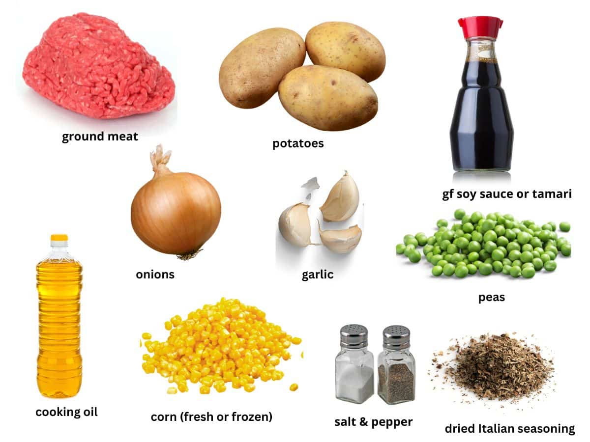 Photos of the ingredients used to make the no bake shepherd's pie.