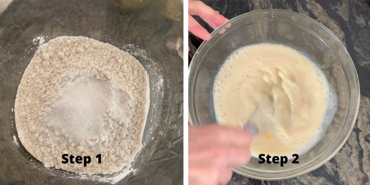 Photos of steps 1 and 2 blending wet and dry ingredients.